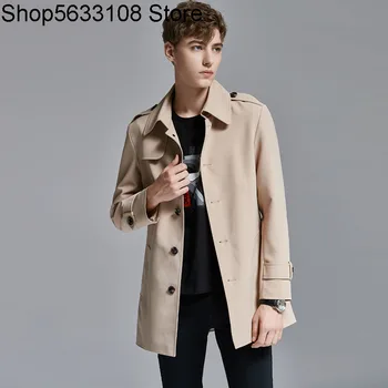 

Single Row Buckle Windbreaker Male 2020 Autumn Solid Color Lapel Coat 1177