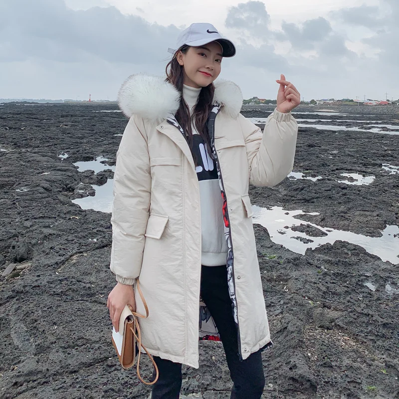 

Both Sides Wear down Jacket Cotton-padded Clothes Women's Middle Long Coat 2019 Winter Korean-style Thick Workwear Cotton-padded