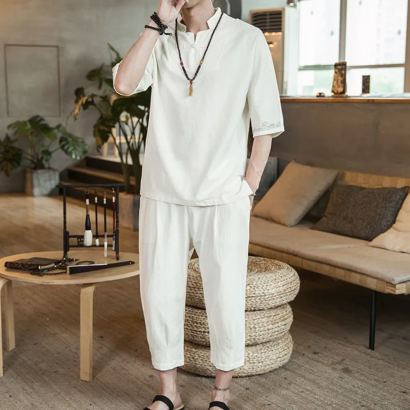 

2019 Summer New Style Chinese-style Men's Embroidered Cotton Linen Set Small Stand Collar Loose-Fit Thin Youth Casual Two-Piece