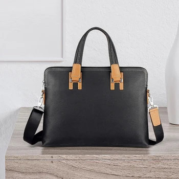

Full Grain Leather Mens Tote Briefcase Genuine Cowhide Business Laptop Shoulder Bag Male Messenger Bags