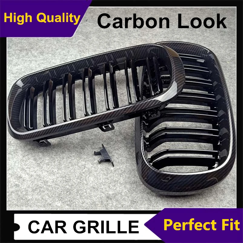 1 Pair Carbon Look Glossy Black mesh grille/grilles kidney for Bmw X5 X6 F15 F16 2014-2018 ABS dual line car grill car styling