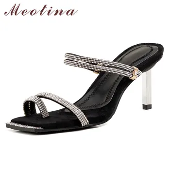 

Meotina Summer Slides Women Shoes Kid Suede Crystal Thin High Heel Shoes Transparent Open Toe Slippers Ladies Sandals Size 34-39