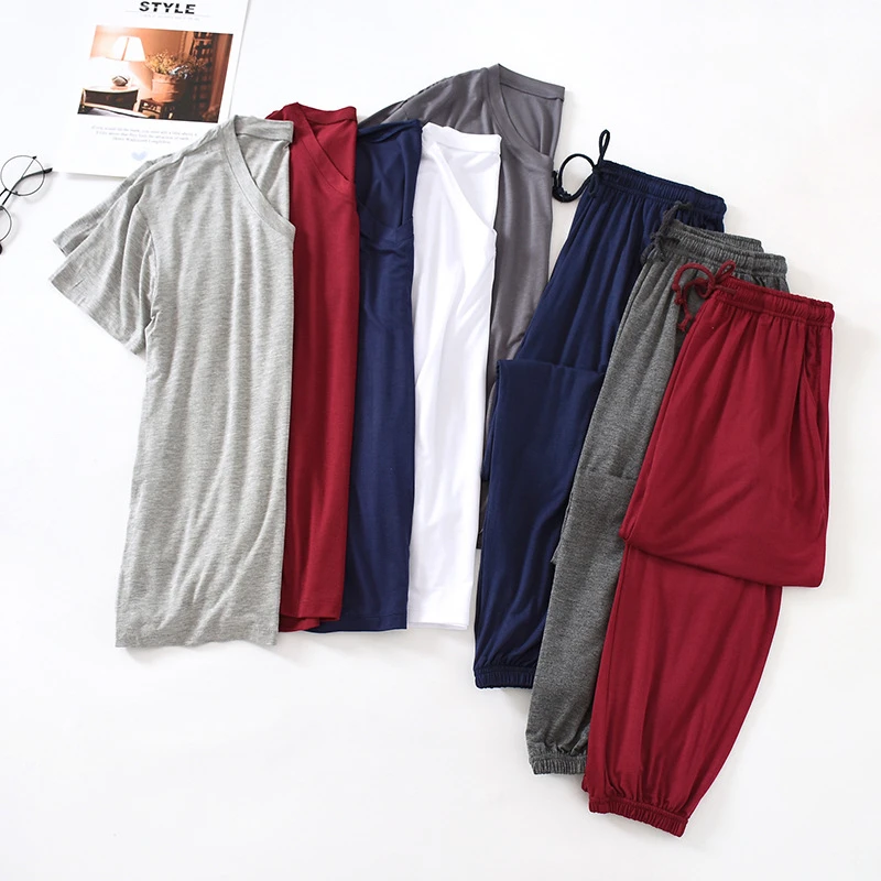 

Autumn Men's Pajamas Solid Color Sleepwear Soft Modal Pajama Sets Casual Sleep&Lounge Pyjamas Plus Size 4XL Pijama 100KG