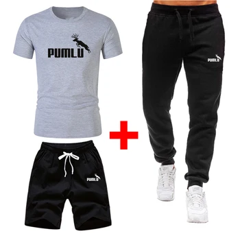 

Deer summer men's casual sports fitness clothes men's T-shirt + pants 3 sets summer casual sports T-shirts + shorts + pants suit