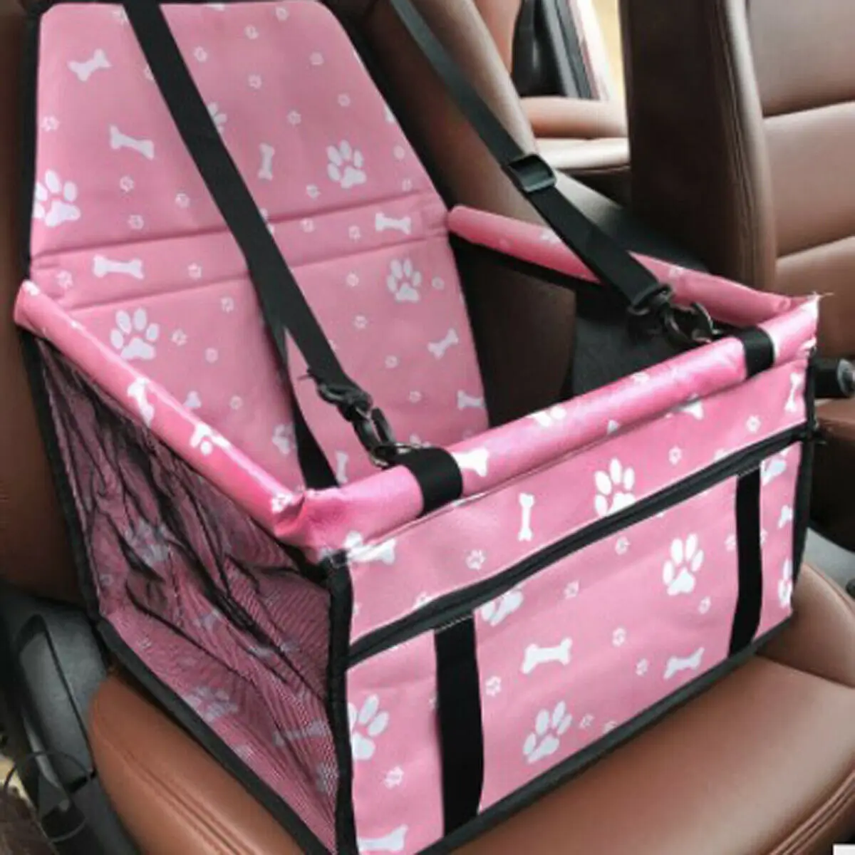 Luxury Car Seat& Carrier Cat Small Dog Pet Puppy Travel Cage Booster Oxford PVC Beschichtung Maschen Bags - Цвет: Pink Bone Footprint
