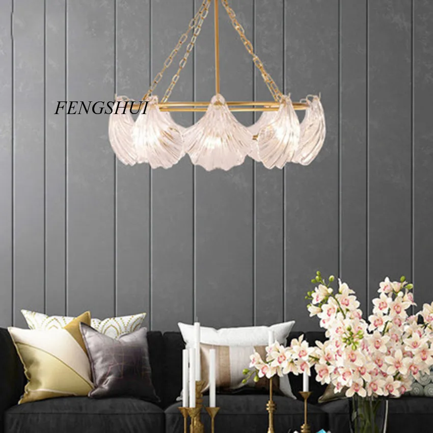 Modern Led Luxury Brass Shell Glass Living Room Chandelier Nordic Creative Cafe Restaurant Bedroom Bedside Decor Light Fixtures