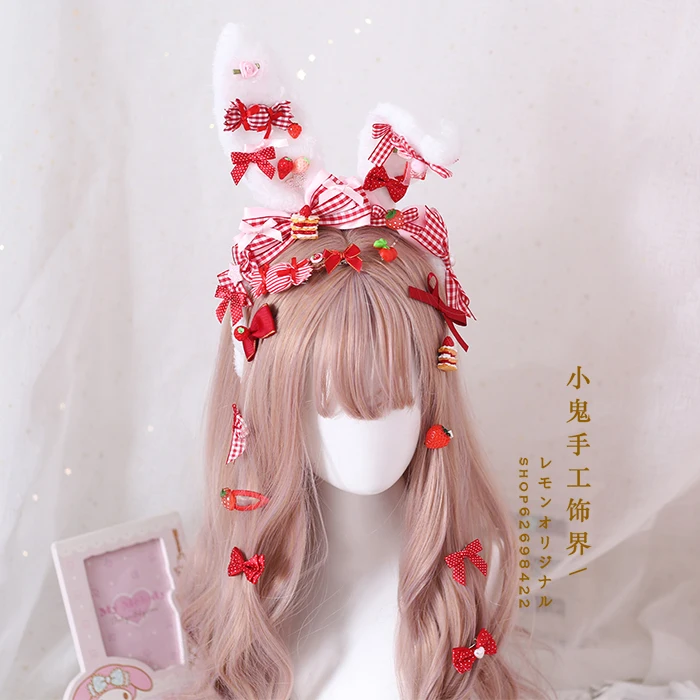 Повязка на голову Sweet Mother Hand Pink Blue Lolita Ci с заячьими ушками KC Клубничные конфеты