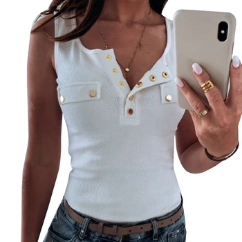 

Sknny Tank Top Knitted with Button Casual Ladies Tops Women t shirt sleeveless Summer Solid White Tank Top Clothes for Women