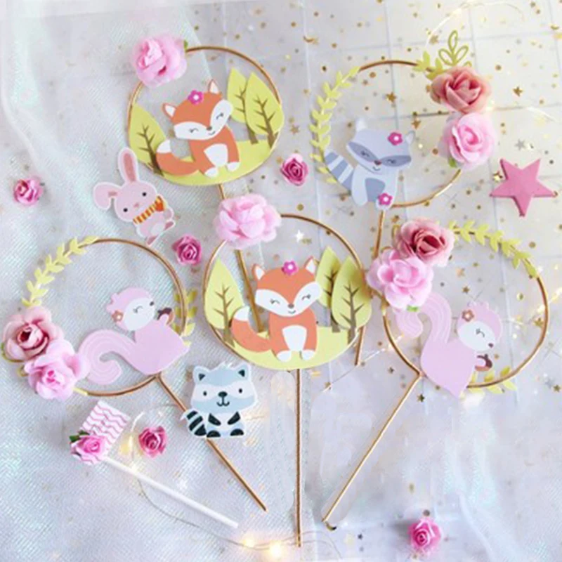 Лесная тема для животных торт Топпер лиса белка кошка гирлянда цветок Рождество