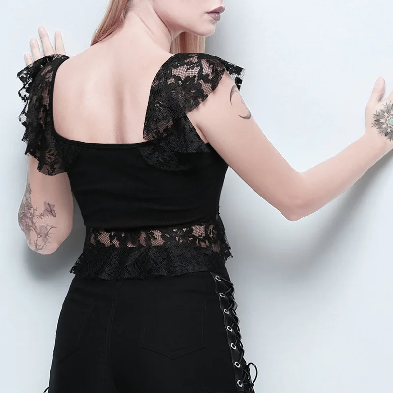 Женская кружевная блузка Goth Dark, черная сетчатая короткая футболка, готический топ с сексуальным вырезом и открытой спиной, на лето