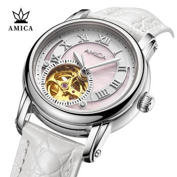 

AMICA Fashion Women Simple Concise Watches Casual Ladies Leather Mechanics Watch Clocks Watch Reloj De Mujer