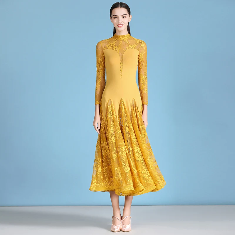 Yellow H2579, для взрослых, для женщин, современное платье для танцев, кружевное, с длинным рукавом, для бальных танцев, вальс, национальный стандарт, для танцев, профессиональные Костюмы для соревнований - Цвет: Yellow