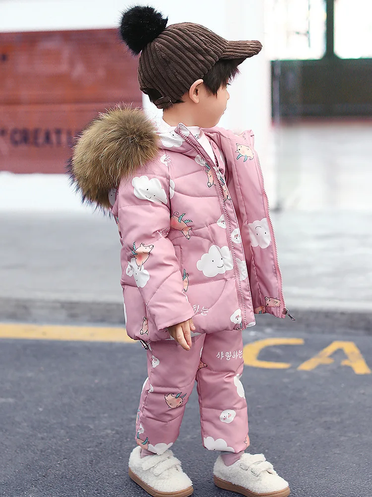Winter children's down suit Girls pink snow suit Boy ski down suit Baby windproof down jacket+ thick Keep warm down pants