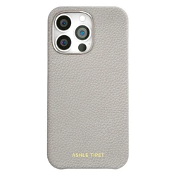 Magsafe - Compatible Natural Cowhide Lychee Leather Phone Case with Magnetic Luxury Metal Frame - iPhone 13 (Grey)