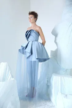 

Sky Blue Strapless Evening Jumpsuit with Overskirt 2020 Ruffles Peplum Matte Stain Arabic Dubai Occasion Prom Dress Pant Suit