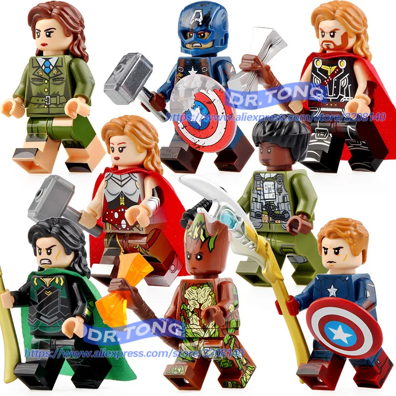 

50PCS Super Hero Avengers Injured Captain America Loki Thor Tree Man Carter Steve Rogers Jane Rambeau Bricks Toys X0273