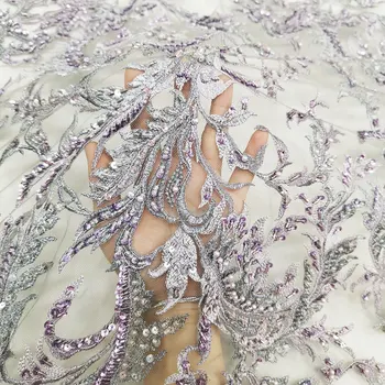 

Purple Color Luxury Embroidery Heavy Handmade Guipure Lace Fabric With Beads Exquisite High Quality Mesh For Lady Bridal Dress
