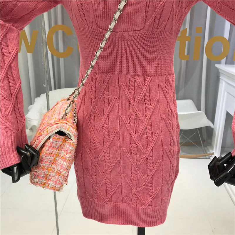 ALPHALMODA зимнее Новое модное двубортное тонкое вязаное платье, женское стрейчевое платье-свитер с длинным рукавом