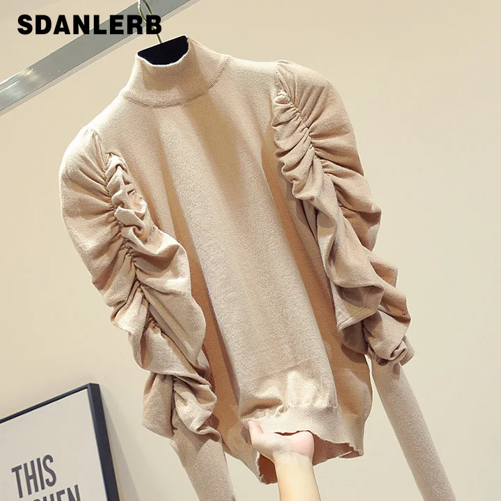 Sweater Women's Autumn New Slim Personality Bubble Sleeve Sweater Temperament Lady Pullover Sweaters Jumper  Turtleneck Femme