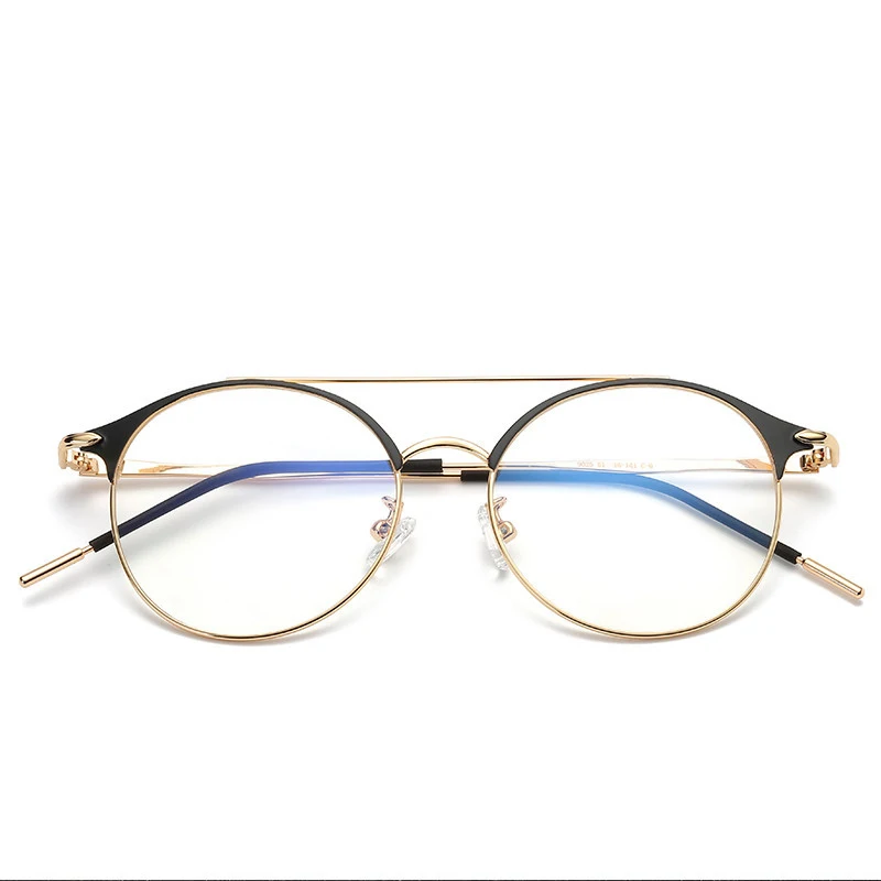 New Blue Glasses Europe and the United States Trend Round Flat Mirror Retro Frame Metal Double Beam Anti-blue Glasses