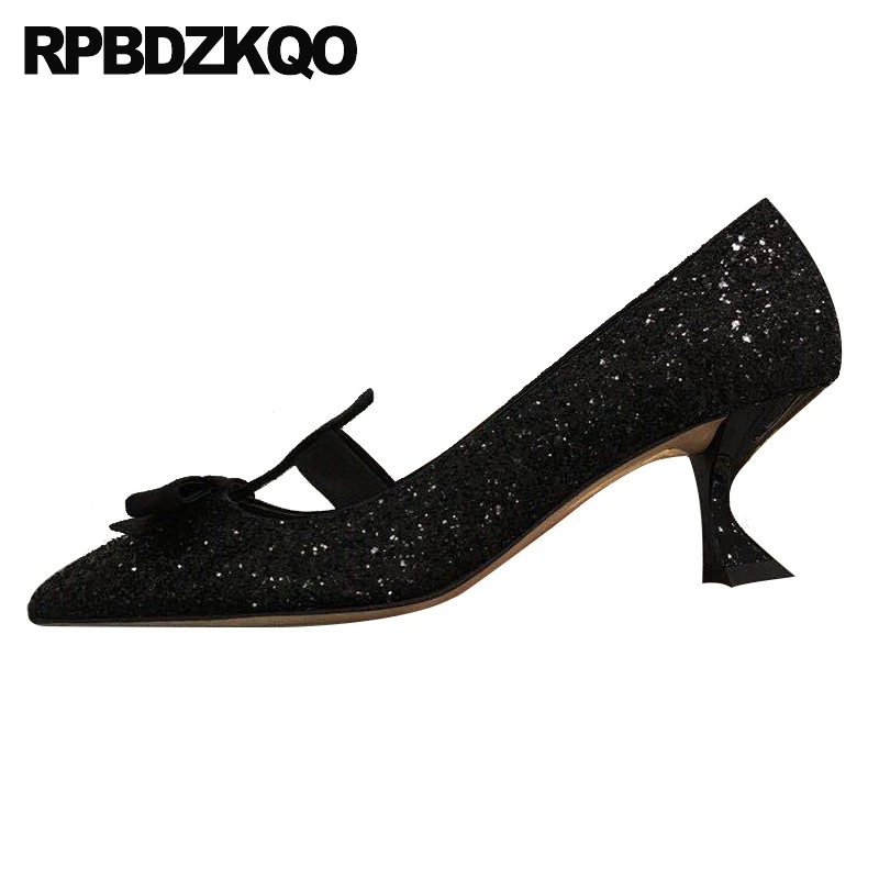 

sparkling cute stiletto sweet medium heels 2019 bow size 4 34 thin kitten pointed toe silver glitter pumps black shoes women new