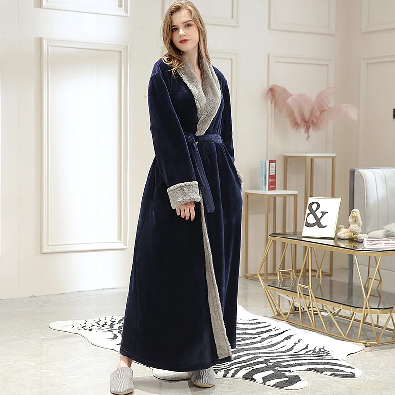 Navy blue-women Парные халаты мягкая фланелевая Коралловая флисовая одежда для влюбленных женский теплый зимний супер длинный банный халат кимоно халат - Цвет: Navy blue-women