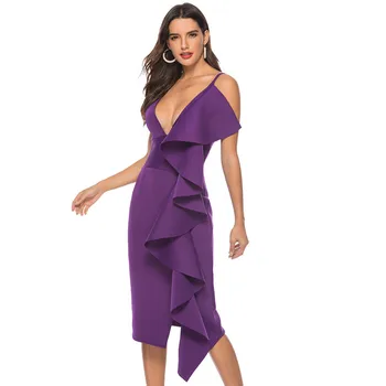

V Neck Ruffle Hem Purple Pencil Dress