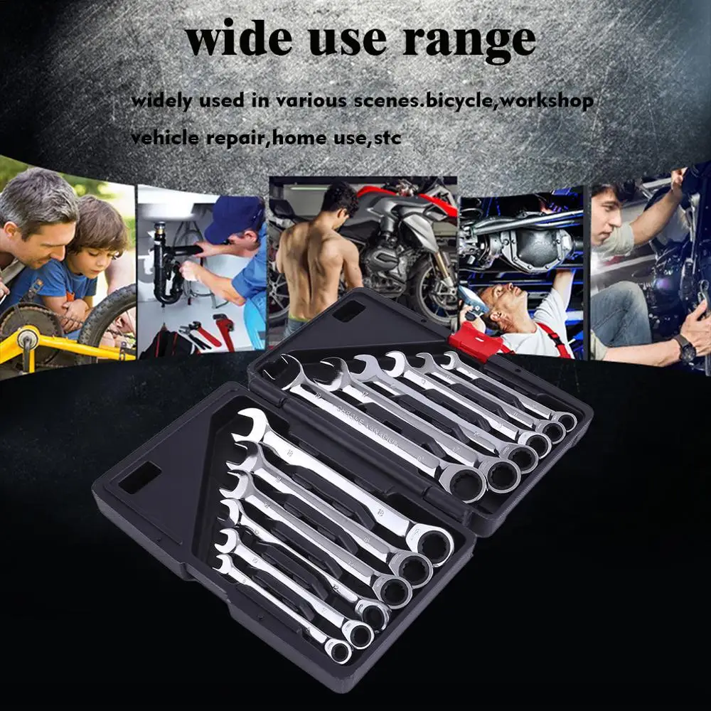 

12Pcs 8-19mm Chrome Vanadium Inflexible Head Combination Tool Ratchet Wrench Set Gear Wrench Set for Multiple Use