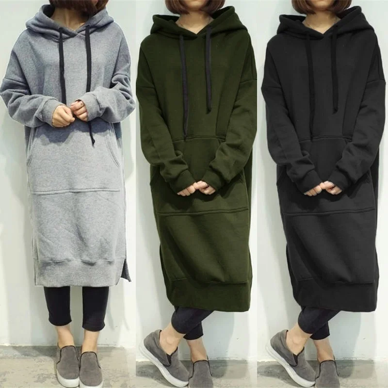 Women Hoodies Fashion Winter Solid Loose Plus Size Hem Split Female Pullovers Casual Drawstring Pocket Street Woman Hoodies