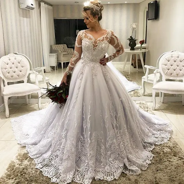 Vestido De Noiva сексуальный, кружевной, с аппликацией из бисера А-силуэта Свадебные платья корт поезд Совок с длинным рукавом свадебные платья