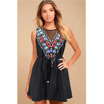 

Hot Women's Casual dress Round collar Mesh Splice Sleeveless Printed dress Summer Loose Sexy dresses Free Belt S147