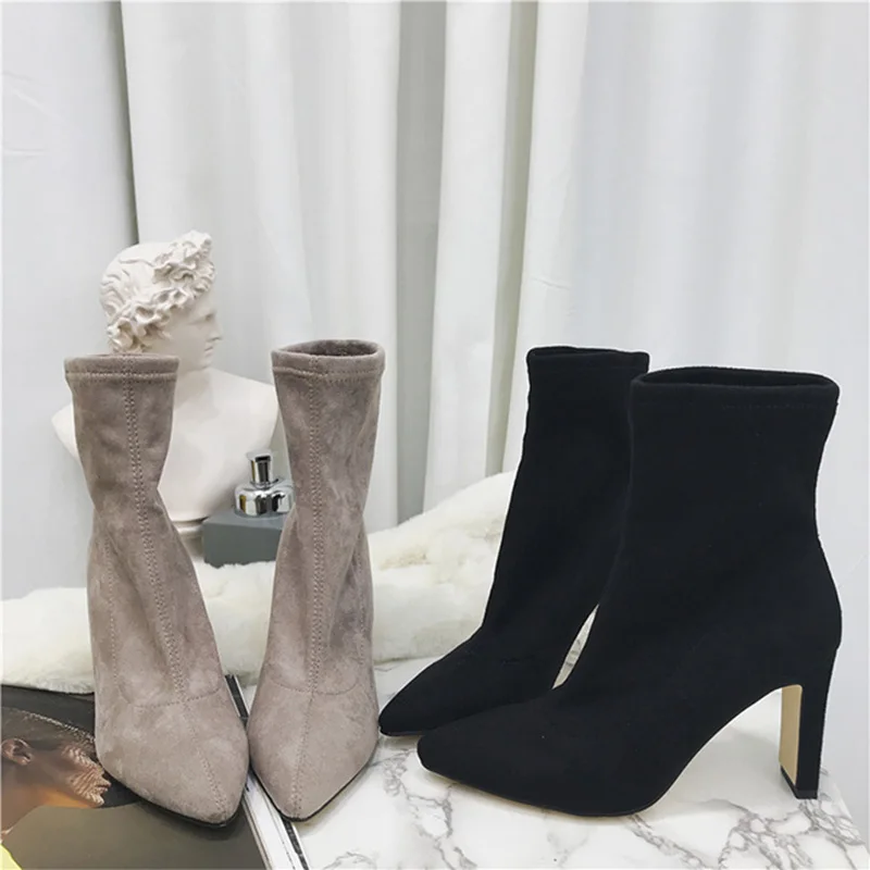 

MONMOIRA Sexy Pointed Toe Ankle Boots for Women Elegant Stretch Suede Sock Boots Women Strange Heel Winter Shoes Women SWE0678