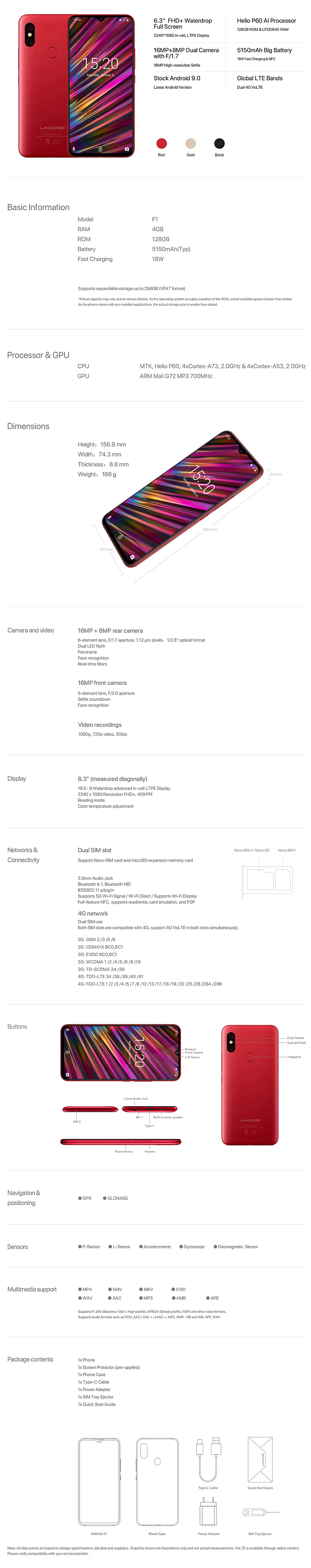 UMIDIGI F1 Android 9,0 128 Гб rom 4 Гб ram 6," FHD Helio P60 5150 мАч большая батарея 18 Вт Быстрая зарядка 16 Мп+ 8 Мп восьмиядерный смартфон