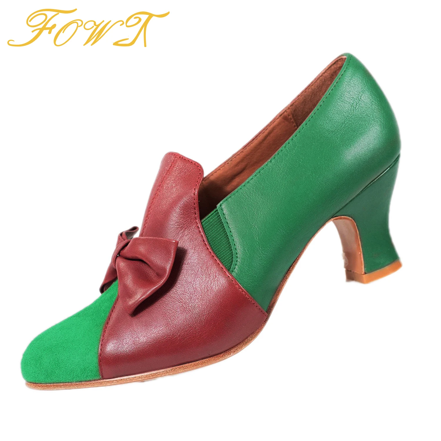 

Green Patchwork Bow-Knot High Chunky Heels Women Loafer Pumps Round Toe Slip On Large Size 40 41 Ladies Cute Dress Elastic Shoes