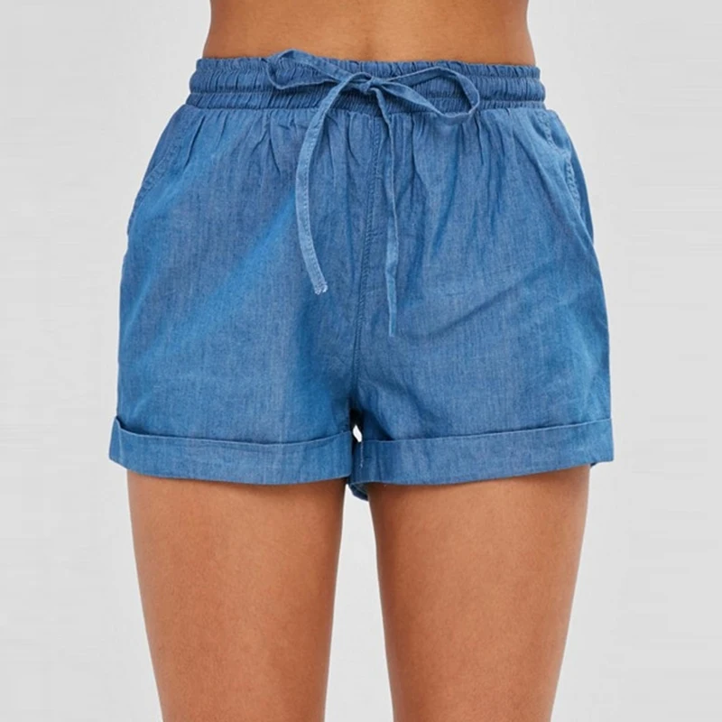 

Solid Elastic Waist Blue Shorts Women Plus Size High Waist Loose Shorts Female Streetwears Simple Wild Hot Shorts Summer New
