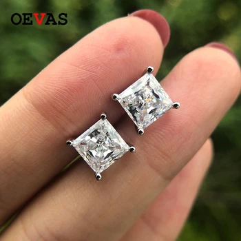 

OEVAS 925 Sterling Silver Simple Stud Earrings for women Sparking 7*7mm Wedding Engagement party Bride Band jewelry Wholesale