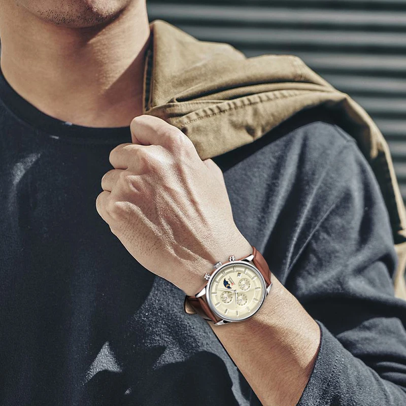 PHSTE Mens Watches Quartz Chronograph Moon Phase Date Waterproof Brown Calfskin Leather Brand Luxury Wrist Watch Male Beige Dial