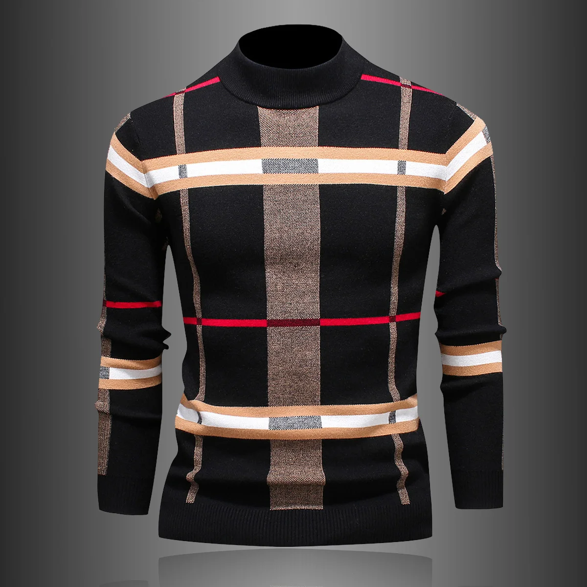 Осенне-зимний мужской Корейский вариант клетчатый полосатый свитер с длинными рукавами и круглым вырезом шерстяная вязаная одежда удлиненного фасона черного цвета - Цвет: black