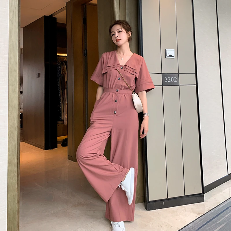 2020 Summer Women Short Sleeve Multilayer Collar Design Loose Casual Wide Leg Pants Jumpsuits Female Elegant Romper Overalls 2020 Summer Women Short Sleeve Multilayer Collar Design Loose Casual Wide Leg Pants Jumpsuits Female Elegant Romper Overalls