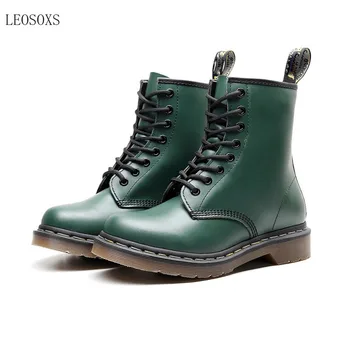 

Winter Women Boots Leather Ankle Martenss Boots Casual DrBotas Motorcycle Shoes Warm Fur Yellow Line Shoes Doc Zapatos Mujer