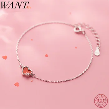 

WANTME Trendy RoWANTME Hot Sale Fashion Red Love Heart Charm Bracelet for Women Real 925 Sterling Silver Birthday Party Jewelry