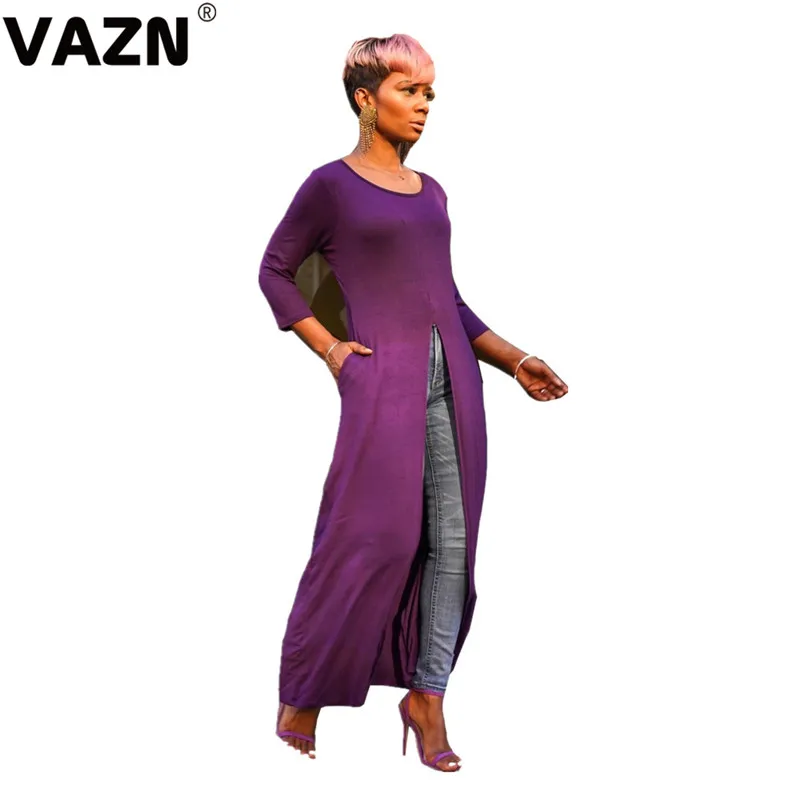 VAZN AWN5051, одноцветные,, модные, сексуальные, женские, асимметричные, Длинные Топы, сексуальные, женские, с круглым вырезом, с длинным рукавом, повседневные, открытые футболки, топы