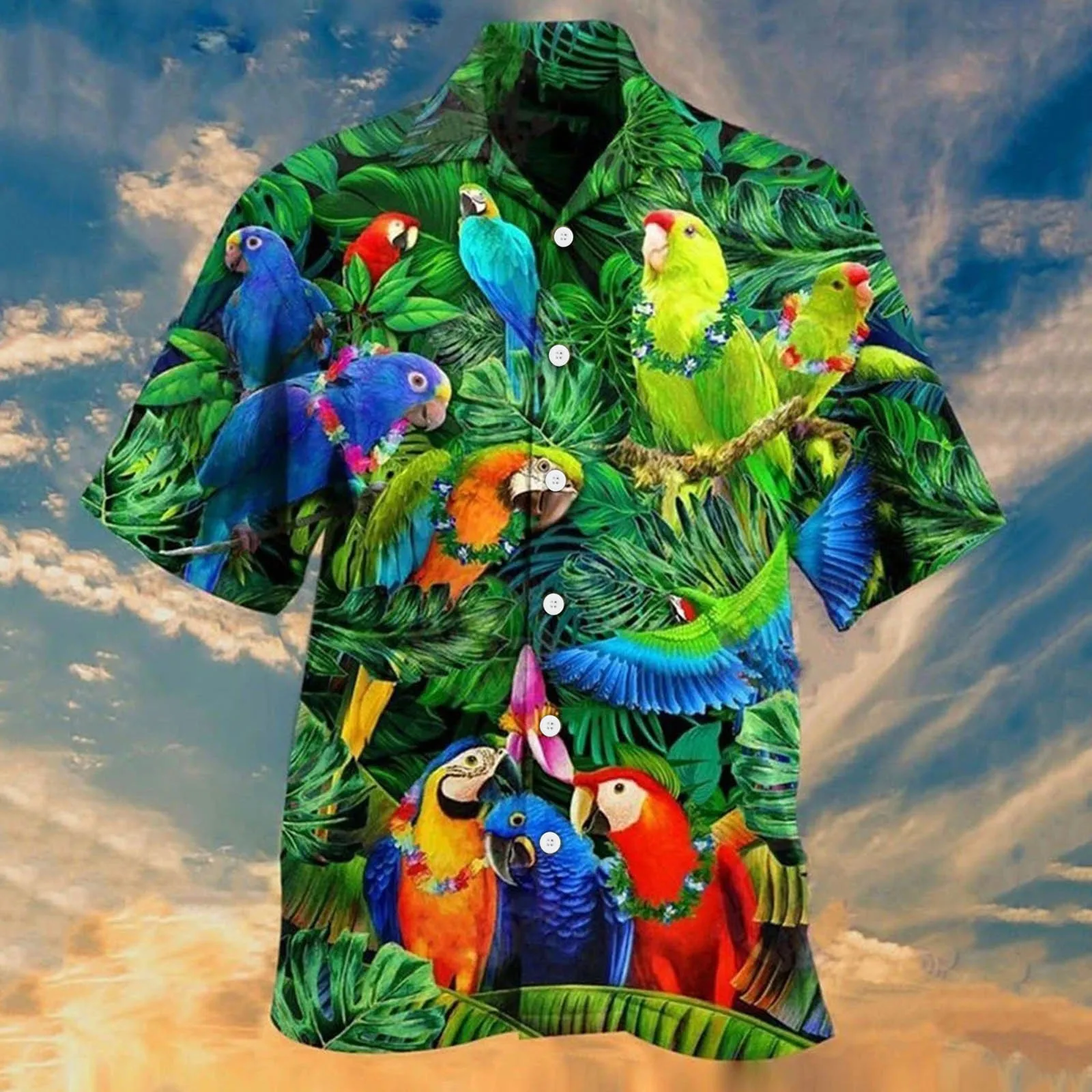 Animal Parrot Print Patchwork Fashion Hawaiian Men Shirt Cool Turn Down Collar Short Sleeve Streetwear Beach Summer Chic 3