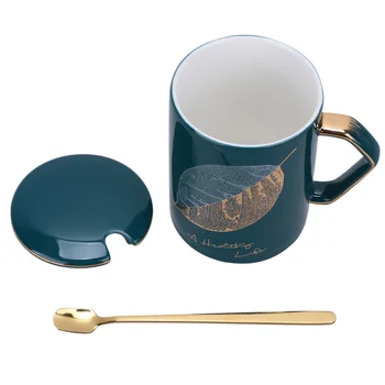 

400ml Ceramic Cups with Lid Scoop Portable Mug Creative Leaf Grain Pattern Drinking Cups Multi-purpose Ceramic Water Cups for Ho