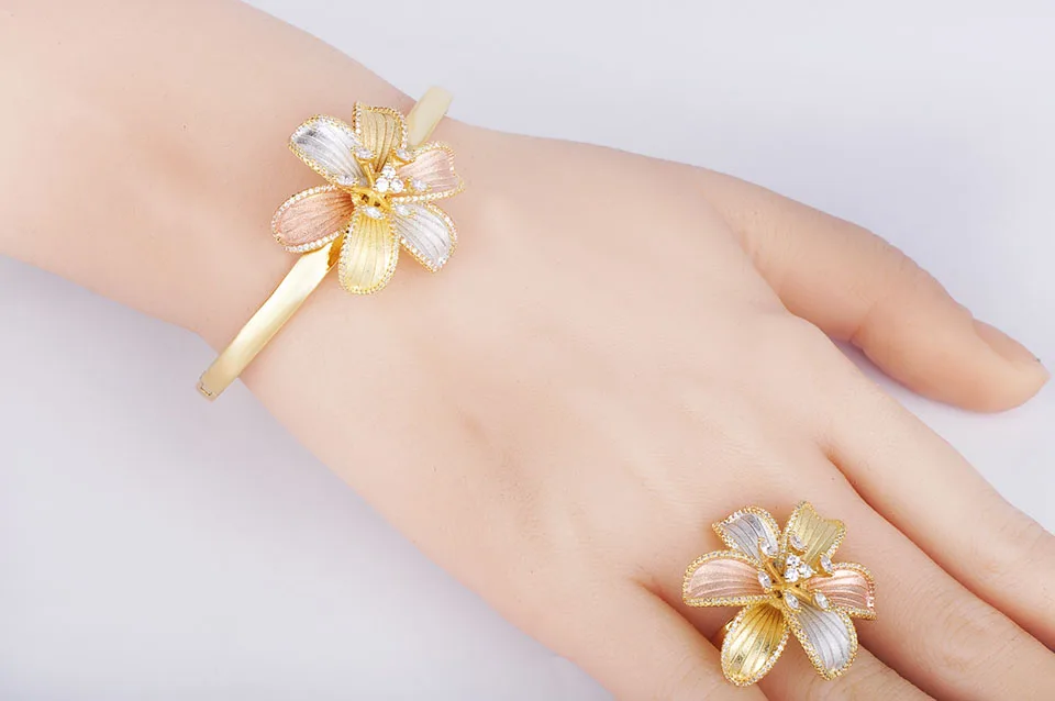 Набор Колец Blucome Flower Blossom, изысканное кольцо, 3 тонов, AAA кубический циркон, медное регулируемое кольцо, свадебный ювелирный набор