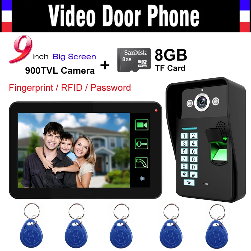 9&quot Touch Monitor Fingerprint Code ID card Unlock Video Record Door Phone Intercom Doorbell Doorphone + 8GB record | Безопасность и