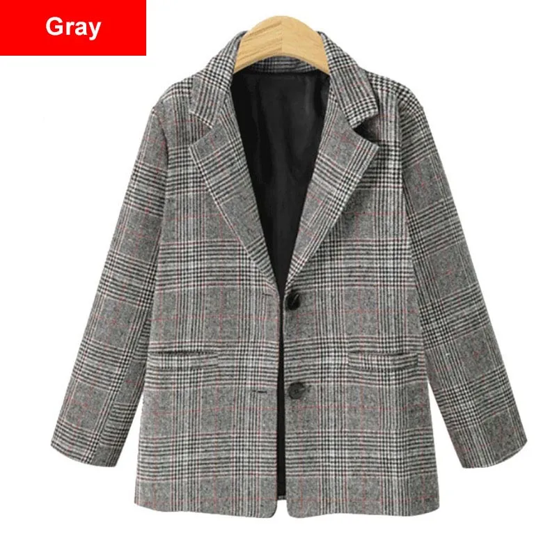Gray Винтажный клетчатый Блейзер размера плюс в ретро стиле 3Xl 4Xl 5Xl, женские однобортные Базовые Куртки, повседневная верхняя одежда - Цвет: Gray