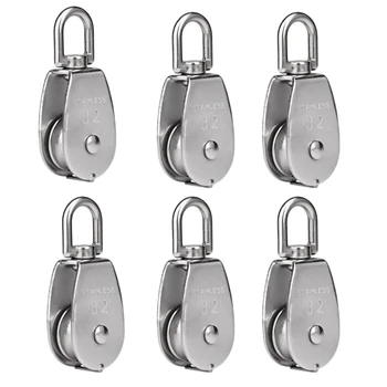 

6 Pack M32 Lifting Single Pulley Roller Loading 551Ibs, 304 Stainless Steel Heavy Duty Single Wheel Swivel Lifting Rope Pulley B