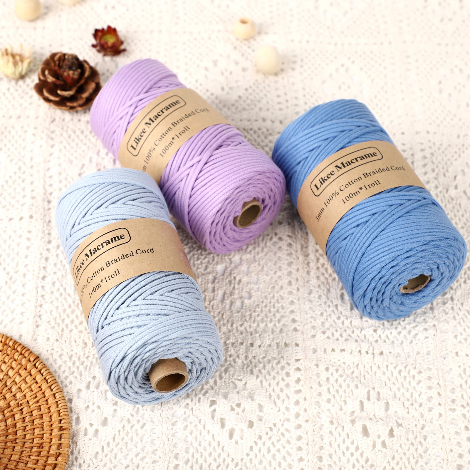 Likeecords Braided Macrame Cotton Cord 3mm x 100m Macrame Rope Colorful Cotton Craft Cord for Bag Wall Hanging Plant Hangers cotton rope macrame cord