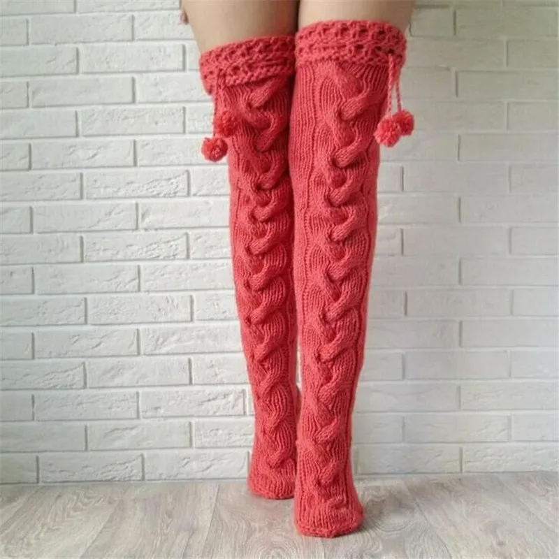 2020 Gothic New Tassel Ball Sexy Knit Winter Stocking for Women Over Knee Long Boot Stockings Thigh-High | Женская одежда
